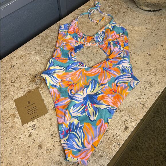 Stone Fox One Piece Riva Tropical Lily Blue Floral Halter Cut Out XS Swim Suit - Picture 4 of 5